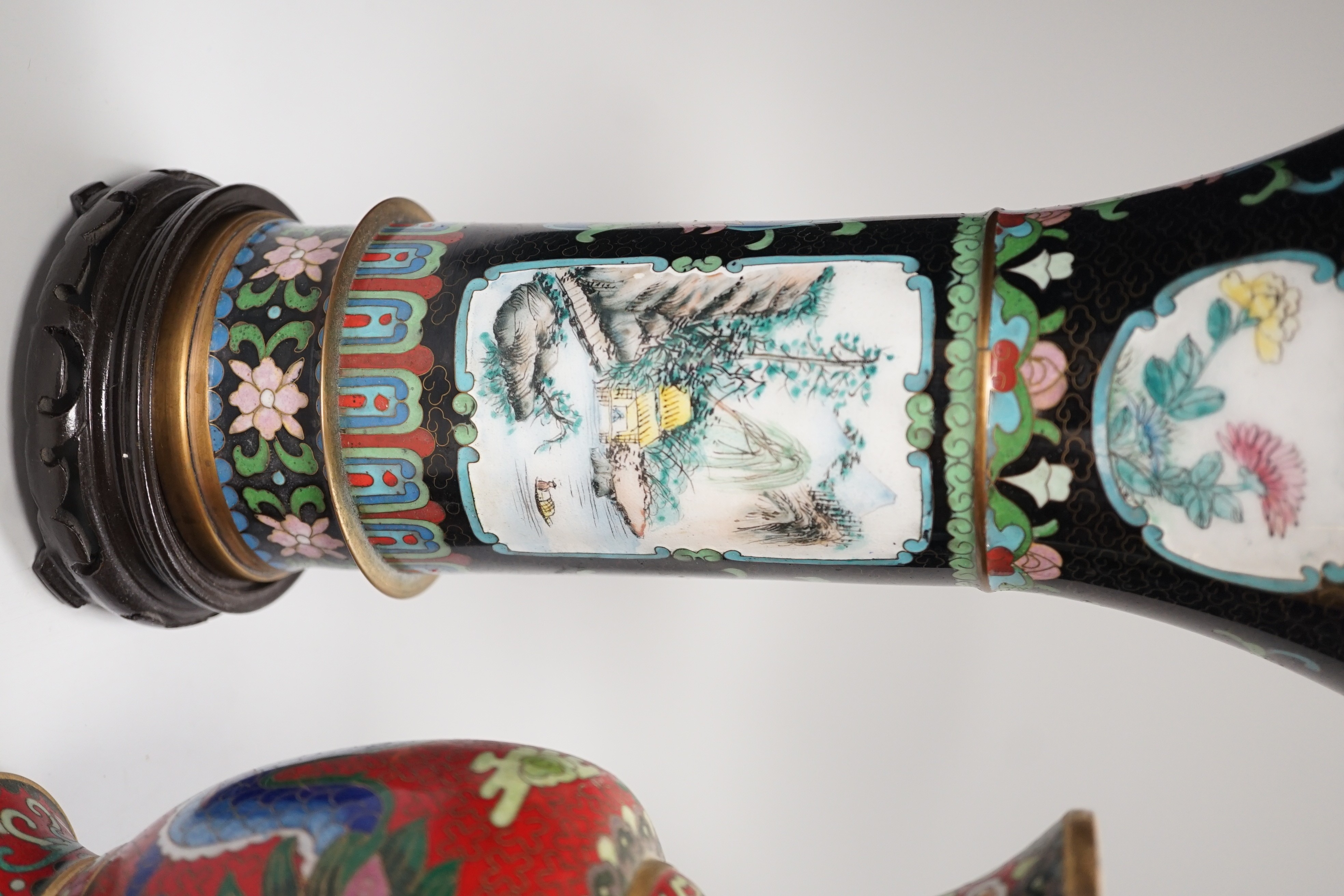 A pair of Chinese cloisonné enamel beaker vases and a dragon vase, pair of vases 27cm